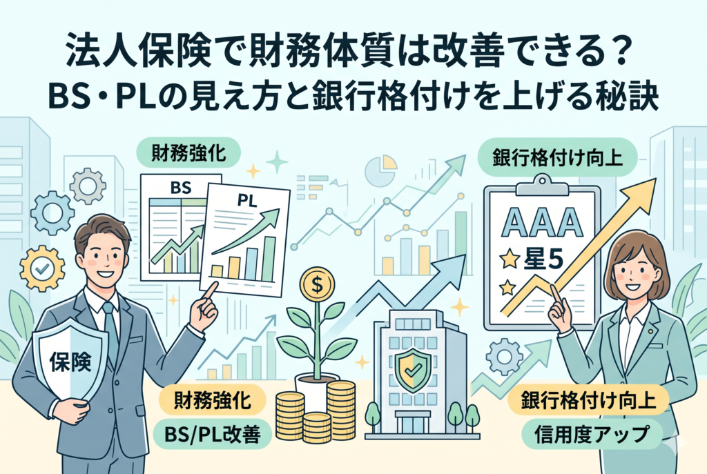 「法人保険で財務体質は改善できる？ BS・PLの見え方と銀行格付けを上げる秘訣」というタイトルのアイキャッチ画像。左側に「保険」の盾を持つ男性と改善されたBS/PLグラフ、右側に銀行格付けAAAを示す女性と上向きグラフ、中央に成長する会社とコインの木が描かれた、清潔感のあるビジネスイラスト。