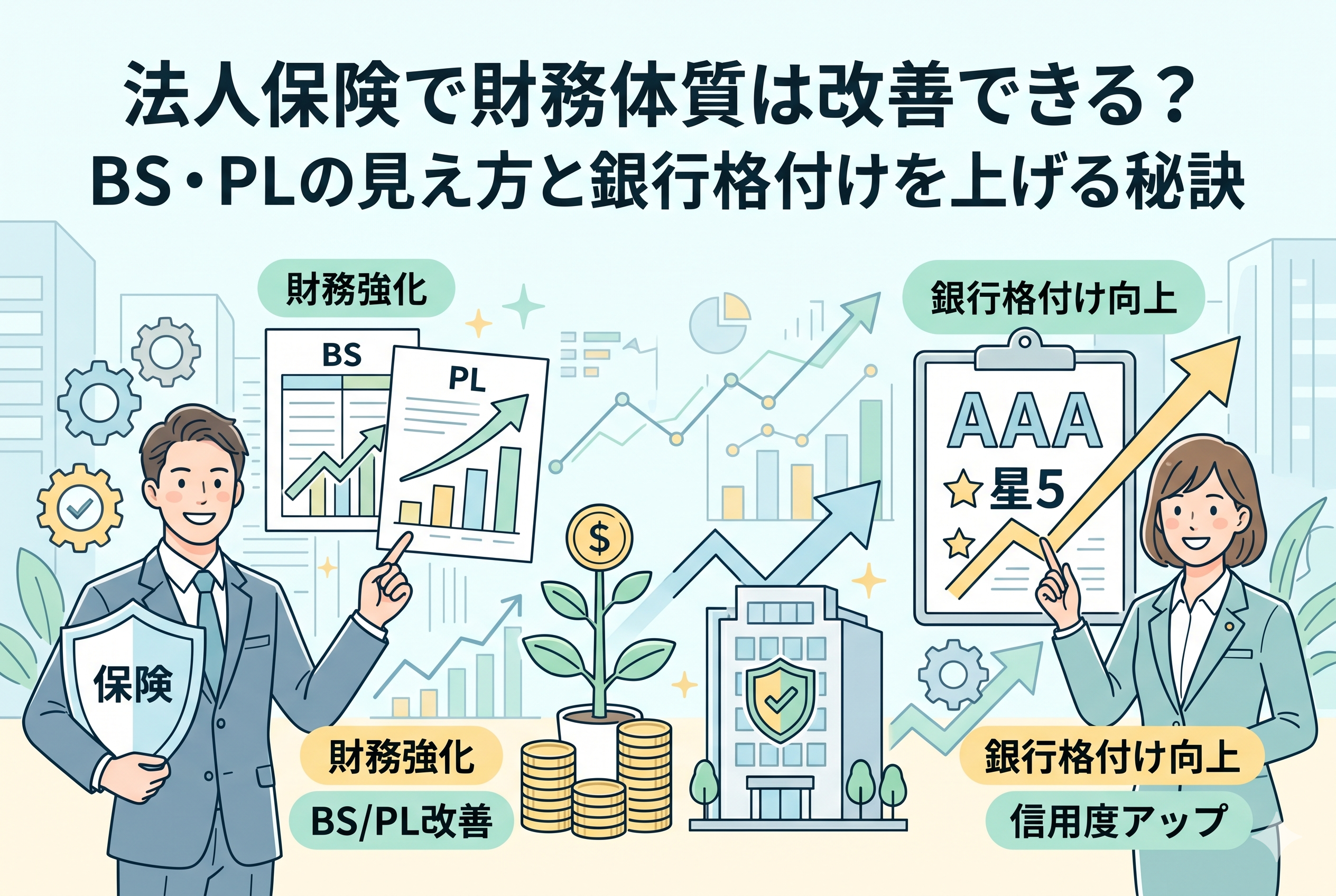 「法人保険で財務体質は改善できる? BS・PLの見え方と銀行格付けを上げる秘訣」というタイトルのアイキャッチ画像。左側に「保険」の盾を持つ男性と改善されたBS/PLグラフ、右側に銀行格付けAAAを示す女性と上向きグラフ、中央に成長する会社とコインの木が描かれた、清潔感のあるビジネスイラスト。