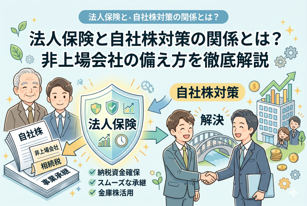 「法人保険と自社株対策の関係とは？非上場会社の備え方を徹底解説」という記事タイトルのアイキャッチ画像。左側には自社株や相続税、事業承継の課題を抱える現経営者と後継者が描かれ、中央の「法人保険」という盾が解決策として提示されている。盾には「納税資金確保」「スムーズな承継」「金庫株活用」というチェックリストがあり、右側では後継者が専門家と握手して解決した様子を表現している。清潔感のある精緻なビジネスイラスト。