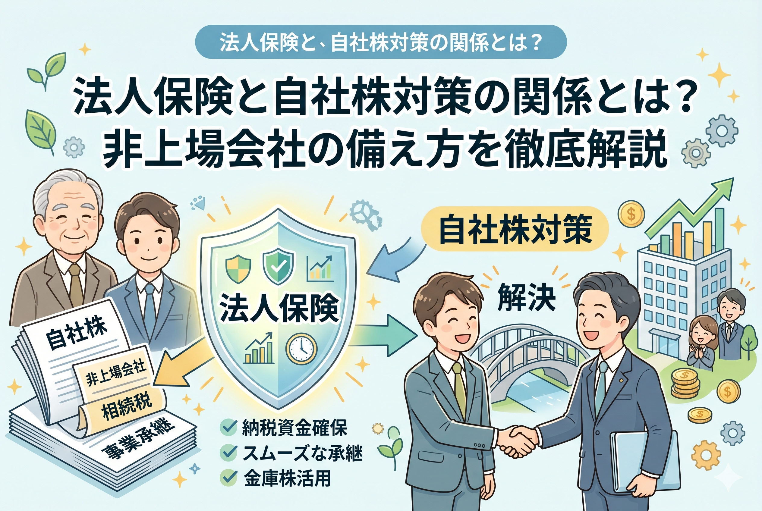 「法人保険と自社株対策の関係とは？非上場会社の備え方を徹底解説」という記事タイトルのアイキャッチ画像。左側には自社株や相続税、事業承継の課題を抱える現経営者と後継者が描かれ、中央の「法人保険」という盾が解決策として提示されている。盾には「納税資金確保」「スムーズな承継」「金庫株活用」というチェックリストがあり、右側では後継者が専門家と握手して解決した様子を表現している。清潔感のある精緻なビジネスイラスト。