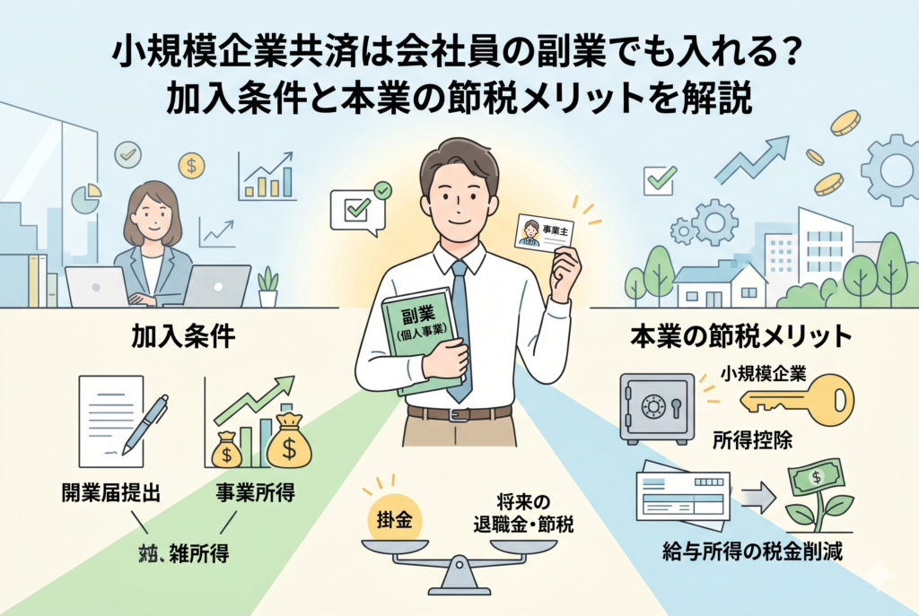 会社員が副業で小規模企業共済に加入するための必須条件（開業届の提出・事業所得としての申告）と、加入によって本業の給与所得にかかる税金を削減できるメリットを解説したインフォグラフィック。掛金と将来の退職金・節税のバランスや、所得控除という「鍵」を使って節税の扉を開くイメージを整理した、清潔感のある精緻なデザインです。