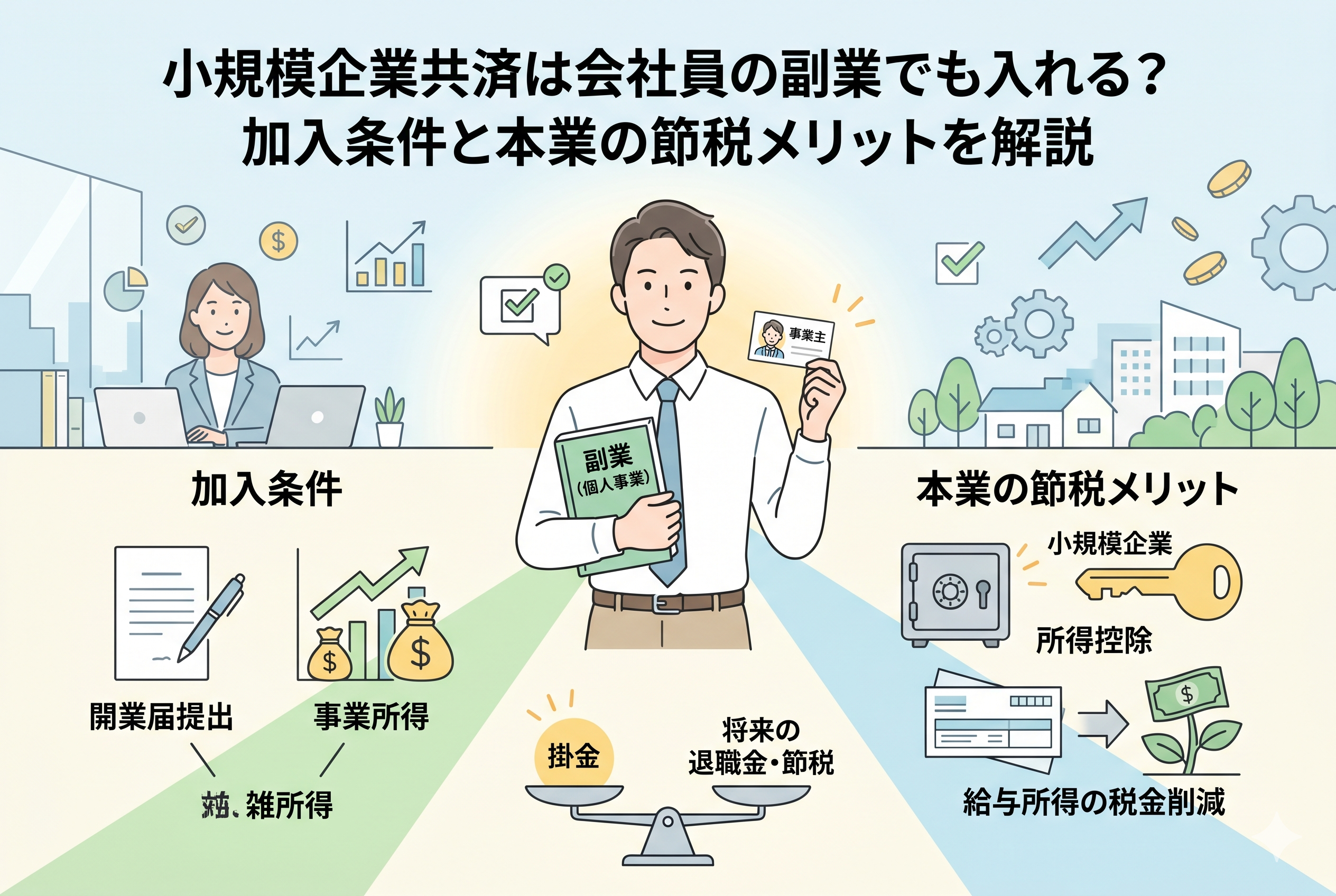 会社員が副業で小規模企業共済に加入するための必須条件（開業届の提出・事業所得としての申告）と、加入によって本業の給与所得にかかる税金を削減できるメリットを解説したインフォグラフィック。掛金と将来の退職金・節税のバランスや、所得控除という「鍵」を使って節税の扉を開くイメージを整理した、清潔感のある精緻なデザインです。