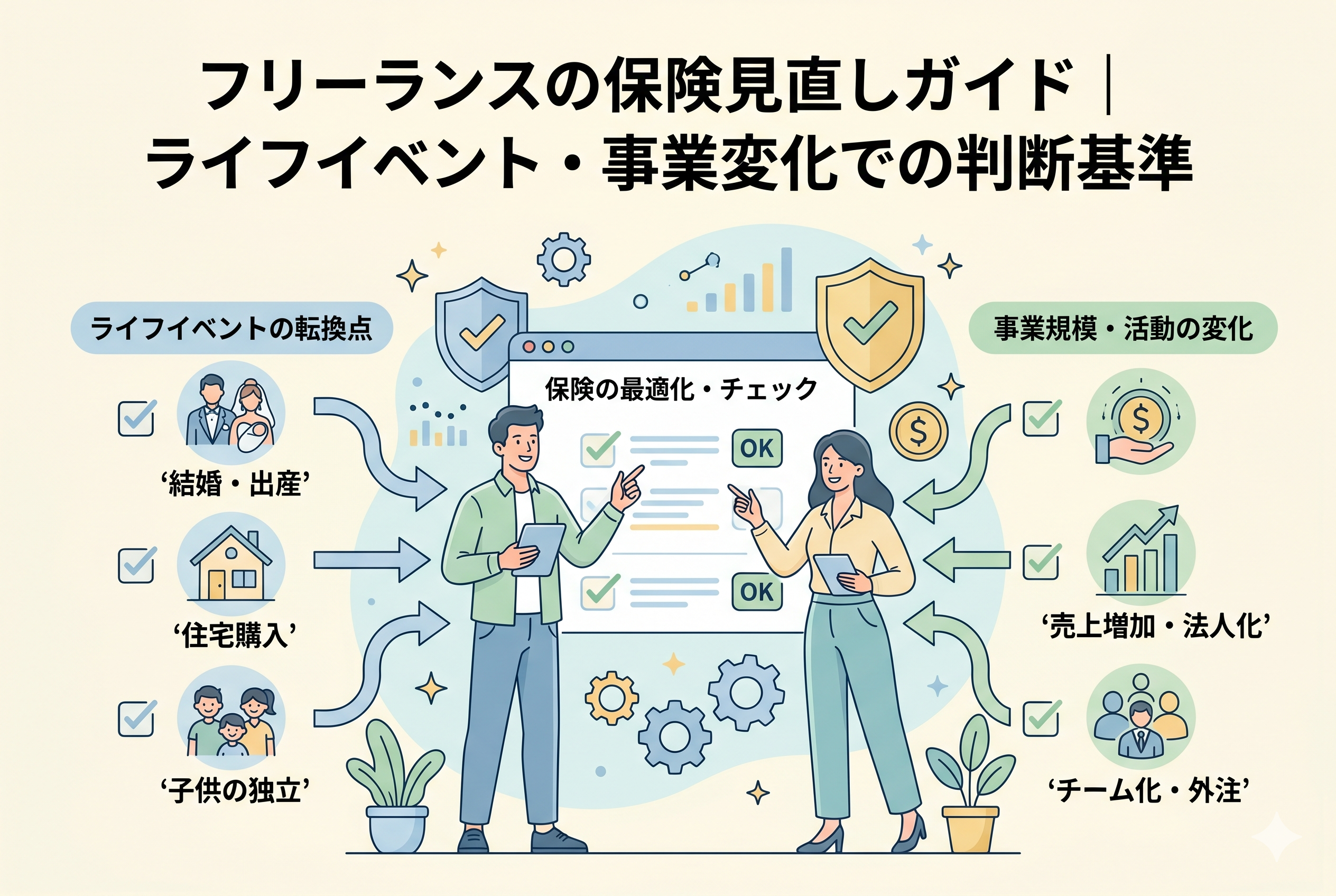 「フリーランスの保険見直しガイド|ライフイベント・事業変化での判断基準」というタイトルが書かれた、親しみやすいイラストのインフォグラフィック。中央には「保険の最適化・チェック」をする2人の人物が描かれ、左側には「ライフイベントの転換点」として結婚・出産、住宅購入、子供の独立が、右側には「事業規模・活動の変化」として売上増加・法人化、チーム化・外注が挙げられており、それぞれのタイミングが保険見直しの重要な判断基準であることを示している。