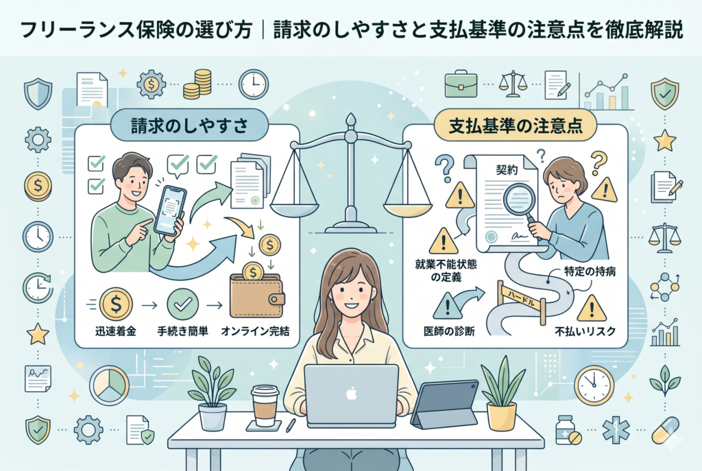 フリーランス保険の「請求のしやすさ」と「支払基準」のポイントを比較したインフォグラフィック。左側にはスマホでのオンライン完結や迅速着金といった利便性が、右側には契約書内の就業不能の定義や不払いリスクといった注意点が、キャラクターとアイコンを用いて対比形式で描かれています。清潔感のあるデザインで、保険金受け取りの「出口戦略」を視覚化した図解イラスト。