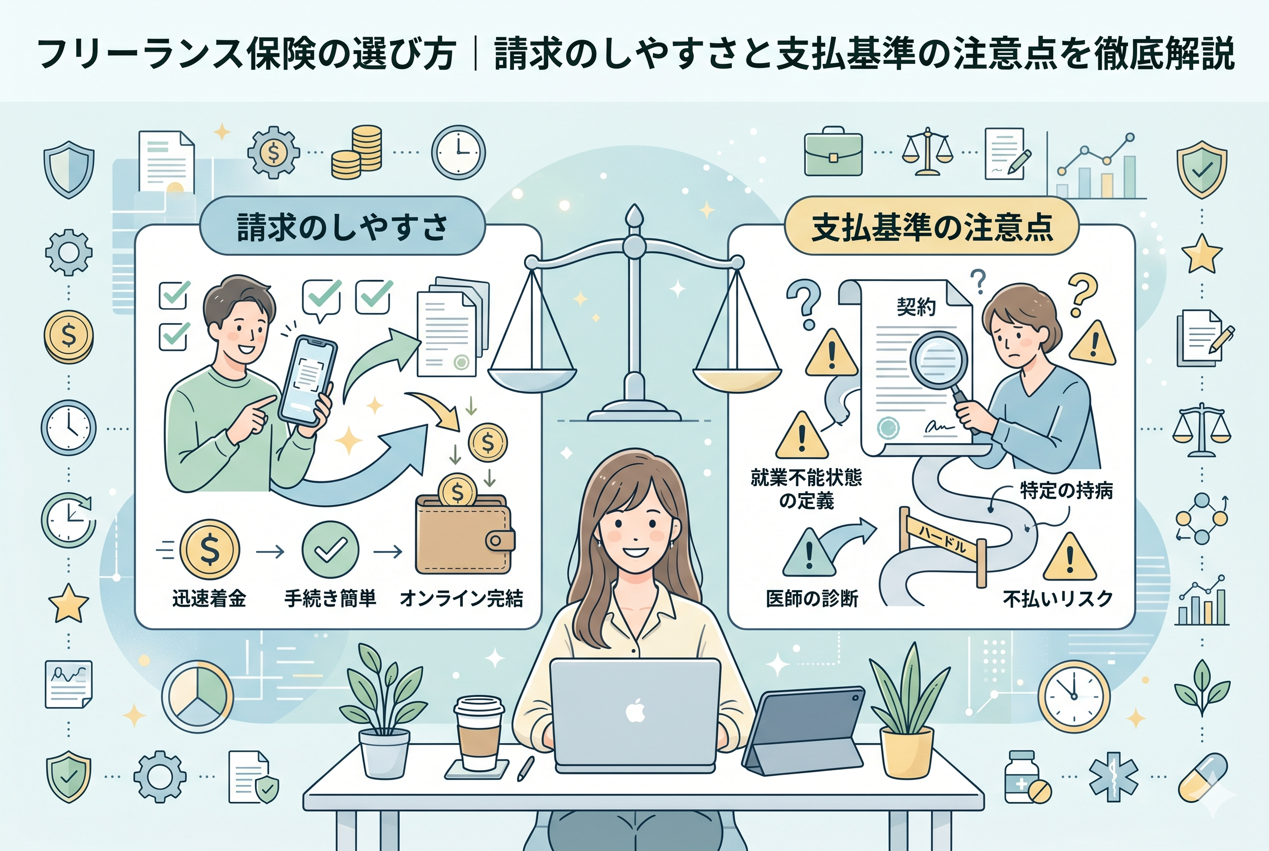 フリーランス保険の「請求のしやすさ」と「支払基準」のポイントを比較したインフォグラフィック。左側にはスマホでのオンライン完結や迅速着金といった利便性が、右側には契約書内の就業不能の定義や不払いリスクといった注意点が、キャラクターとアイコンを用いて対比形式で描かれています。清潔感のあるデザインで、保険金受け取りの「出口戦略」を視覚化した図解イラスト。