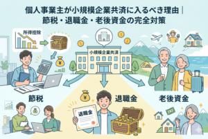 小規模企業共済のメリットを「節税」「退職金」「老後資金」の3つの柱で解説したインフォグラフィック。左側に所得控除による節税の仕組み、中央に将来の退職金として受け取るイメージ、右側に豊かな老後を過ごす夫婦のイラストが配置されています。個人事業主が積立を通じて将来の備えを構築するプロセスを視覚化した、清潔感のある精緻なデザインです。
