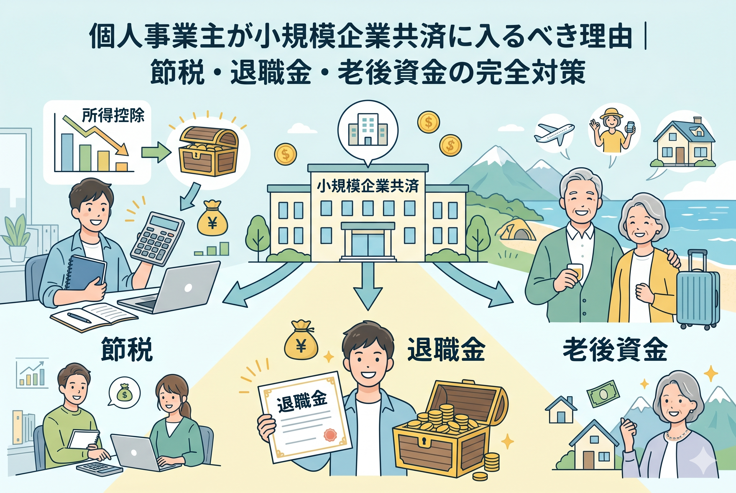 小規模企業共済のメリットを「節税」「退職金」「老後資金」の3つの柱で解説したインフォグラフィック。左側に所得控除による節税の仕組み、中央に将来の退職金として受け取るイメージ、右側に豊かな老後を過ごす夫婦のイラストが配置されています。個人事業主が積立を通じて将来の備えを構築するプロセスを視覚化した、清潔感のある精緻なデザインです。