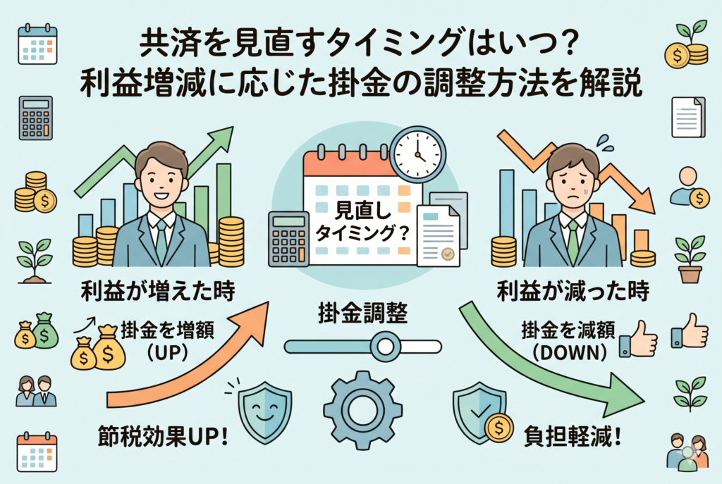 共済の見直しタイミングを解説した図解。中央のカレンダーを軸に、左側には利益が増えた際に掛金を増額して「節税効果UP」を狙う様子、右側には利益が減った際に掛金を減額して「負担軽減」を図る様子を、グラフとビジネスパーソンのイラストで対比させています。