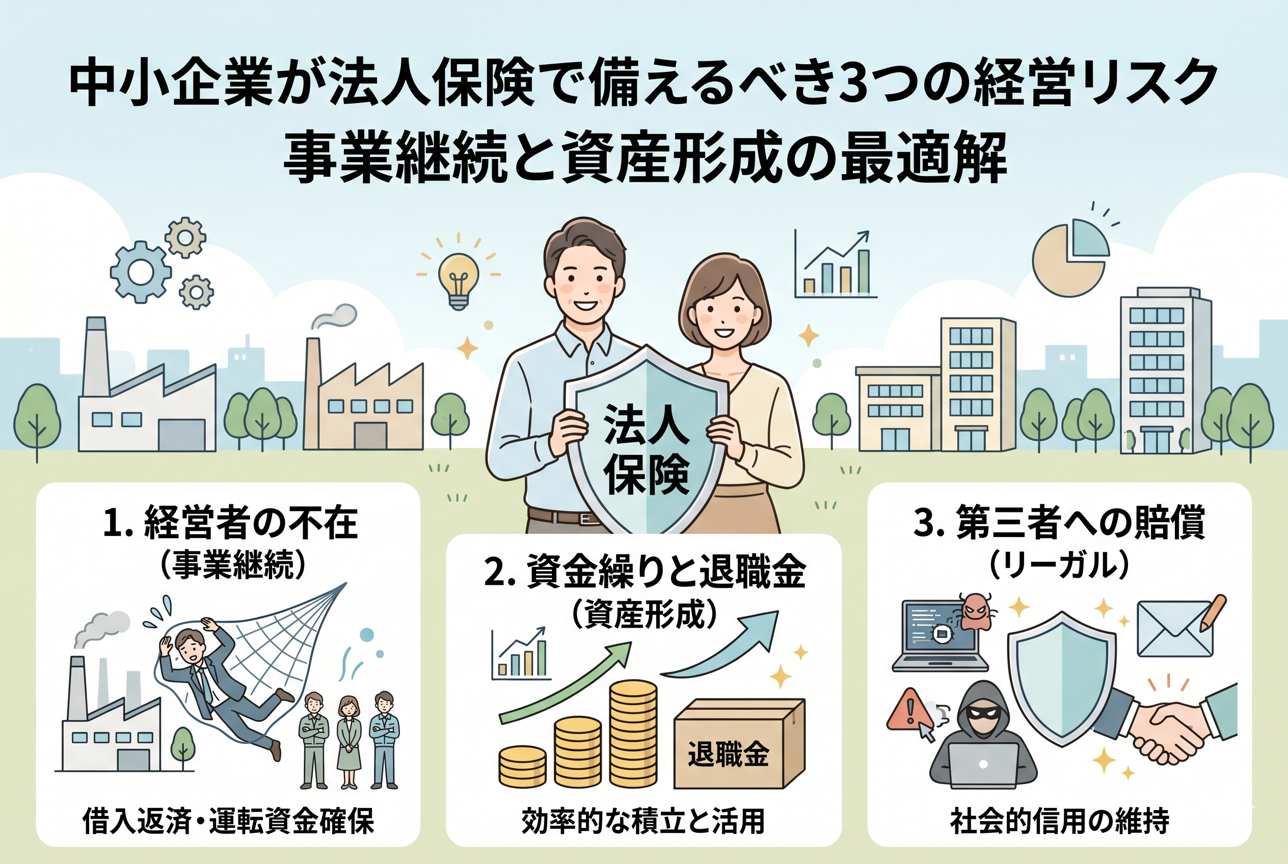 中小企業が法人保険で備えるべき3つの経営リスクを解説する図解画像。中央に「法人保険」の盾を持つ男女の経営者が描かれ、下部には「1. 経営者の不在(事業継続)」、「2. 資金繰りと退職金(資産形成)」、「3. 第三者への賠償(リーガル)」の3つのリスクと、それぞれの対策(借入返済・運転資金確保、効率的な積立と活用、社会的信用の維持)がイラスト入りで紹介されている。