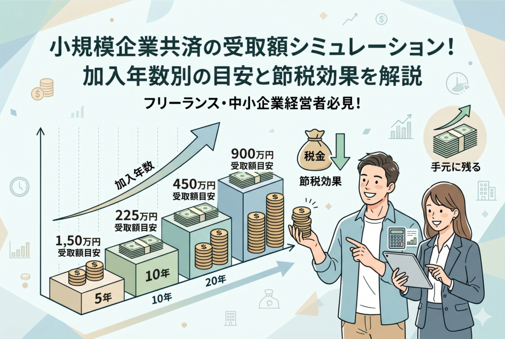 小規模企業共済の加入年数別の受取額シミュレーションを解説するアイキャッチ画像。5年、10年、20年と積み立てが増えるグラフと、節税効果を喜ぶビジネスパーソンのイラストが描かれています。