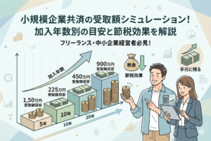 小規模企業共済の加入年数別の受取額シミュレーションを解説するアイキャッチ画像。5年、10年、20年と積み立てが増えるグラフと、節税効果を喜ぶビジネスパーソンのイラストが描かれています。