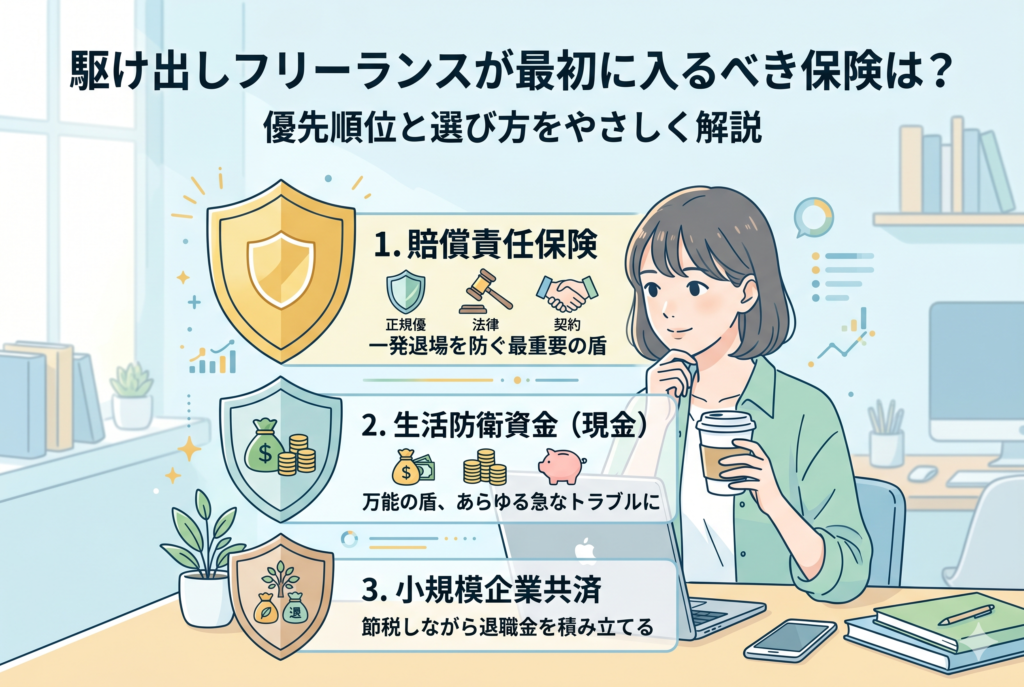 駆け出しフリーランスが優先すべき3つの備え(1.賠償責任保険、2.生活防衛資金、3.小規模企業共済)をまとめたインフォグラフィック画像。パソコンで作業する女性の横に、各項目の役割と重要度がステップ形式で分かりやすくデザインされています。