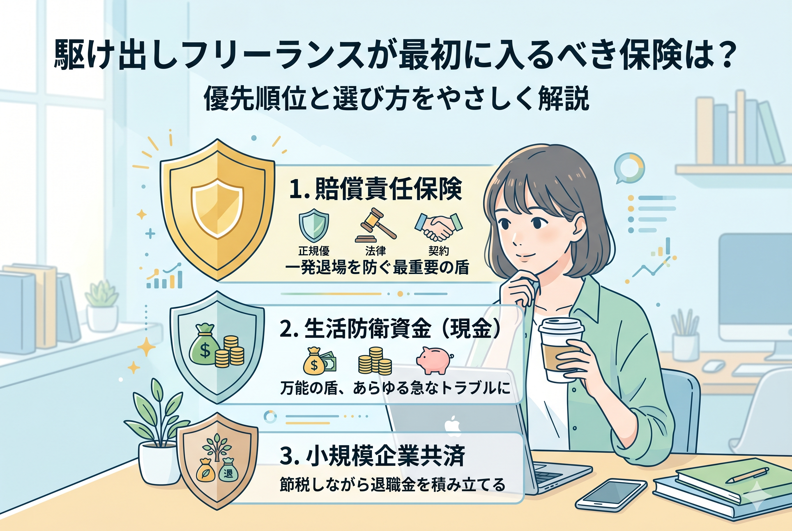 駆け出しフリーランスが優先すべき3つの備え（1.賠償責任保険、2.生活防衛資金、3.小規模企業共済）をまとめたインフォグラフィック画像。パソコンで作業する女性の横に、各項目の役割と重要度がステップ形式で分かりやすくデザインされています。