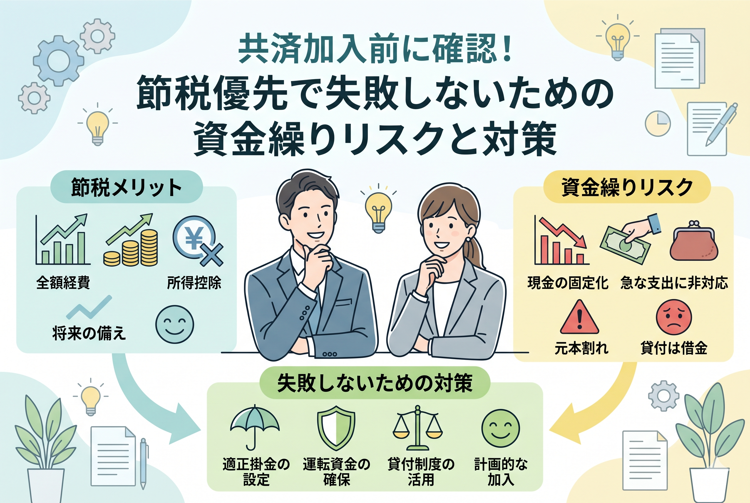 経営セーフティ共済などの加入前に知っておきたい「節税メリット」と「資金繰りリスク」を比較した図解。全額経費や将来の備えといった利点に対し、現金の固定化や元本割れといったリスクを対比させています。下部には適正な掛金設定や運転資金の確保など、失敗しないための4つの対策がまとめられており、男女の経営者が慎重に検討している様子を描いています。