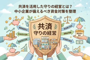「共済を活用した守りの経営」を象徴するインフォグラフィック画像。中央の大きな木の盾には「共済 守りの経営」と書かれ、その周囲に「連鎖倒産防止」「緊急貸付活用」「資金繰り安定」「退職金準備」といった具体的なメリットがアイコンと共に描かれています。多くの手が盾を支え、背後にあるオフィスやカフェ、ショップなどの小規模事業を守っている様子を表現しています。