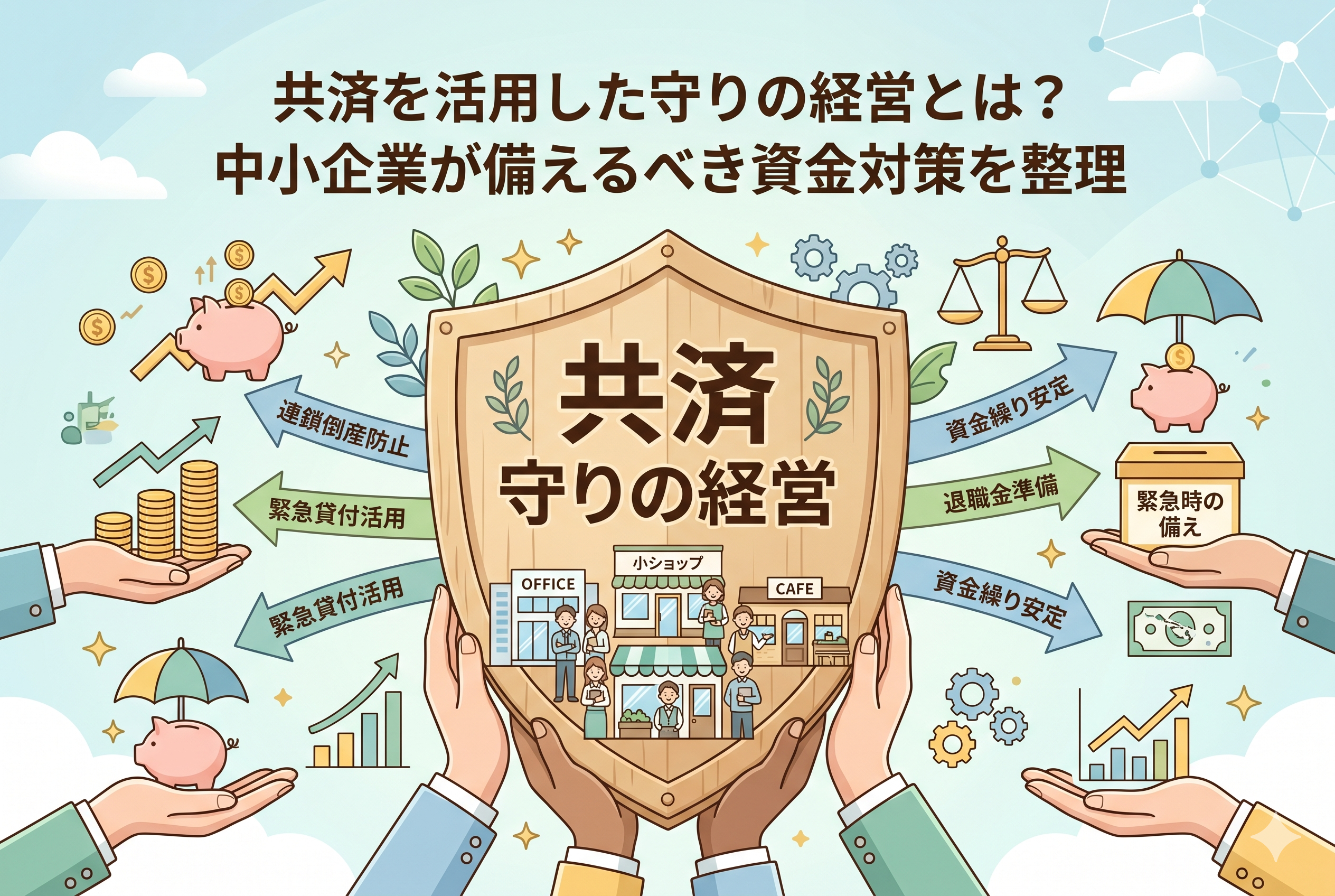 「共済を活用した守りの経営」を象徴するインフォグラフィック画像。中央の大きな木の盾には「共済 守りの経営」と書かれ、その周囲に「連鎖倒産防止」「緊急貸付活用」「資金繰り安定」「退職金準備」といった具体的なメリットがアイコンと共に描かれています。多くの手が盾を支え、背後にあるオフィスやカフェ、ショップなどの小規模事業を守っている様子を表現しています。