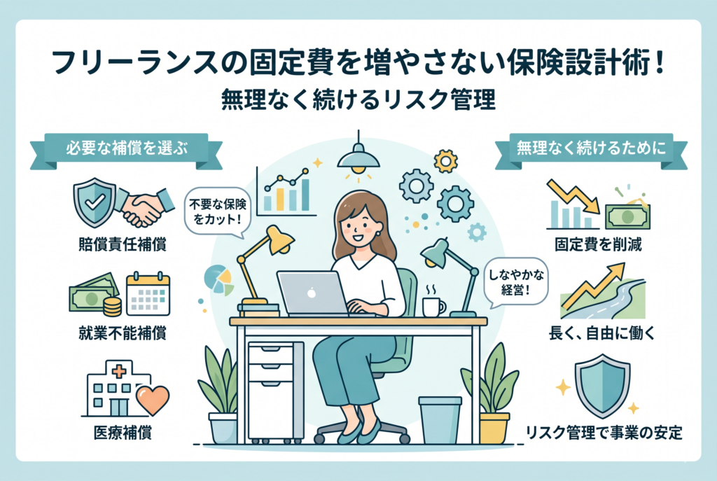 フリーランスの固定費削減と保険設計を解説するインフォグラフィック。中央でパソコン作業をする女性のイラストを囲むように、左側には「不要な保険をカット!」という吹き出しと賠償責任・就業不能・医療補償のアイコン、右側には固定費削減による事業の安定と自由な働き方を示すグラフやシールドのアイコンが配置されています。