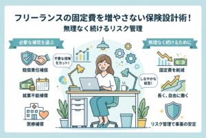 フリーランスの固定費削減と保険設計を解説するインフォグラフィック。中央でパソコン作業をする女性のイラストを囲むように、左側には「不要な保険をカット！」という吹き出しと賠償責任・就業不能・医療補償のアイコン、右側には固定費削減による事業の安定と自由な働き方を示すグラフやシールドのアイコンが配置されています。