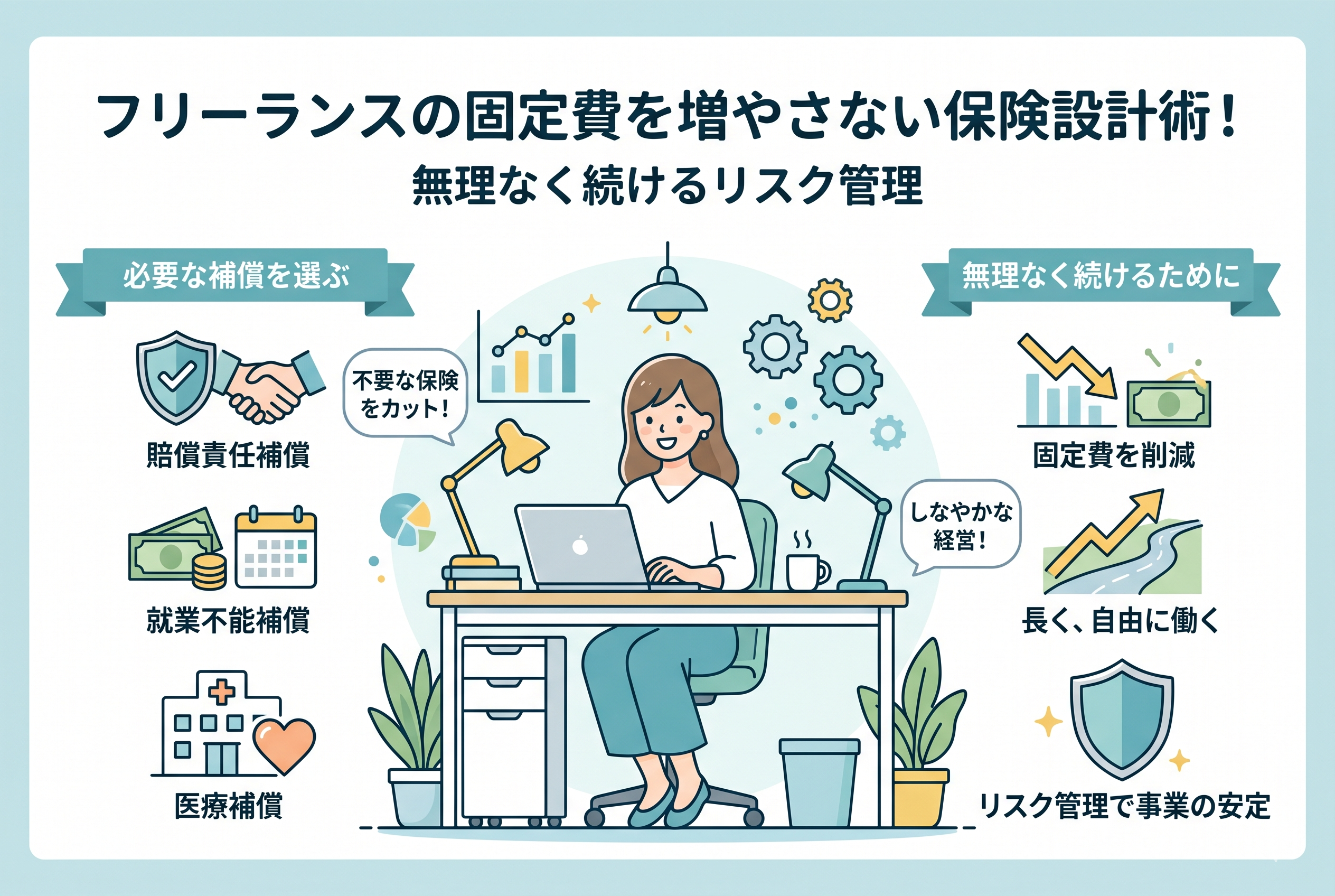 フリーランスの固定費削減と保険設計を解説するインフォグラフィック。中央でパソコン作業をする女性のイラストを囲むように、左側には「不要な保険をカット!」という吹き出しと賠償責任・就業不能・医療補償のアイコン、右側には固定費削減による事業の安定と自由な働き方を示すグラフやシールドのアイコンが配置されています。