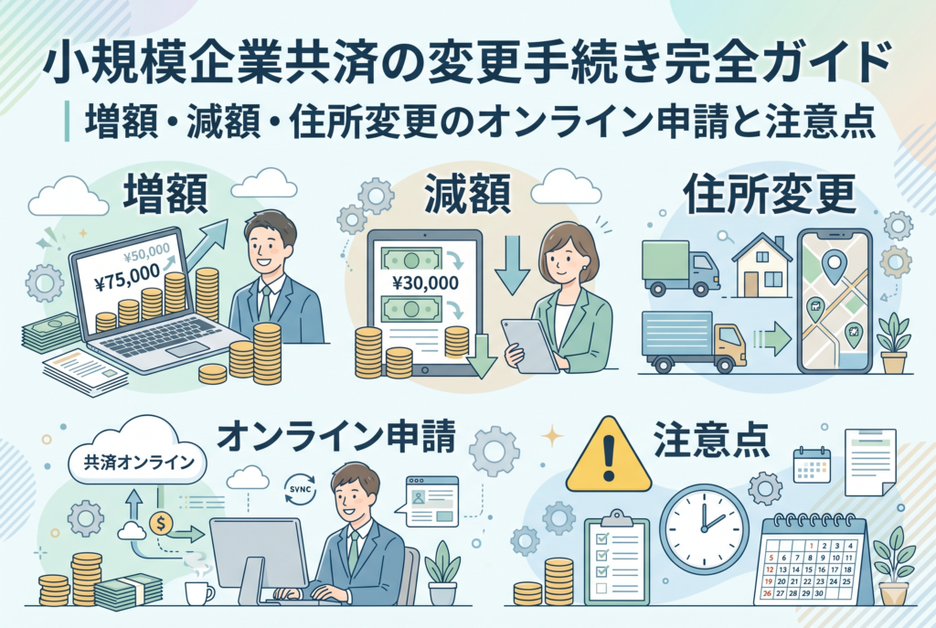 小規模企業共済の変更手続きを網羅した解説インフォグラフィック。上段には「増額」「減額」「住所変更」の各イメージイラストがあり、下段には「オンライン申請」を行う様子と、手続きの期限やスケジュールを意識させる時計・カレンダーの「注意点」アイコンが配置されています。清潔感のある精緻なデザインで、手続きの全体像を視覚的にまとめています。