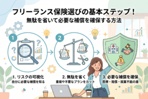 フリーランスが保険選びで失敗しないための3ステップを解説したインフォグラフィック。1.リスクの可視化、2.無駄を省く、3.必要な補償を確保、という流れが左から右への矢印で表現されています。右側には女性が「医療・賠償・就業不能」のアイコンが描かれた大きな盾を持ち、自分自身を守っている様子が描かれています。