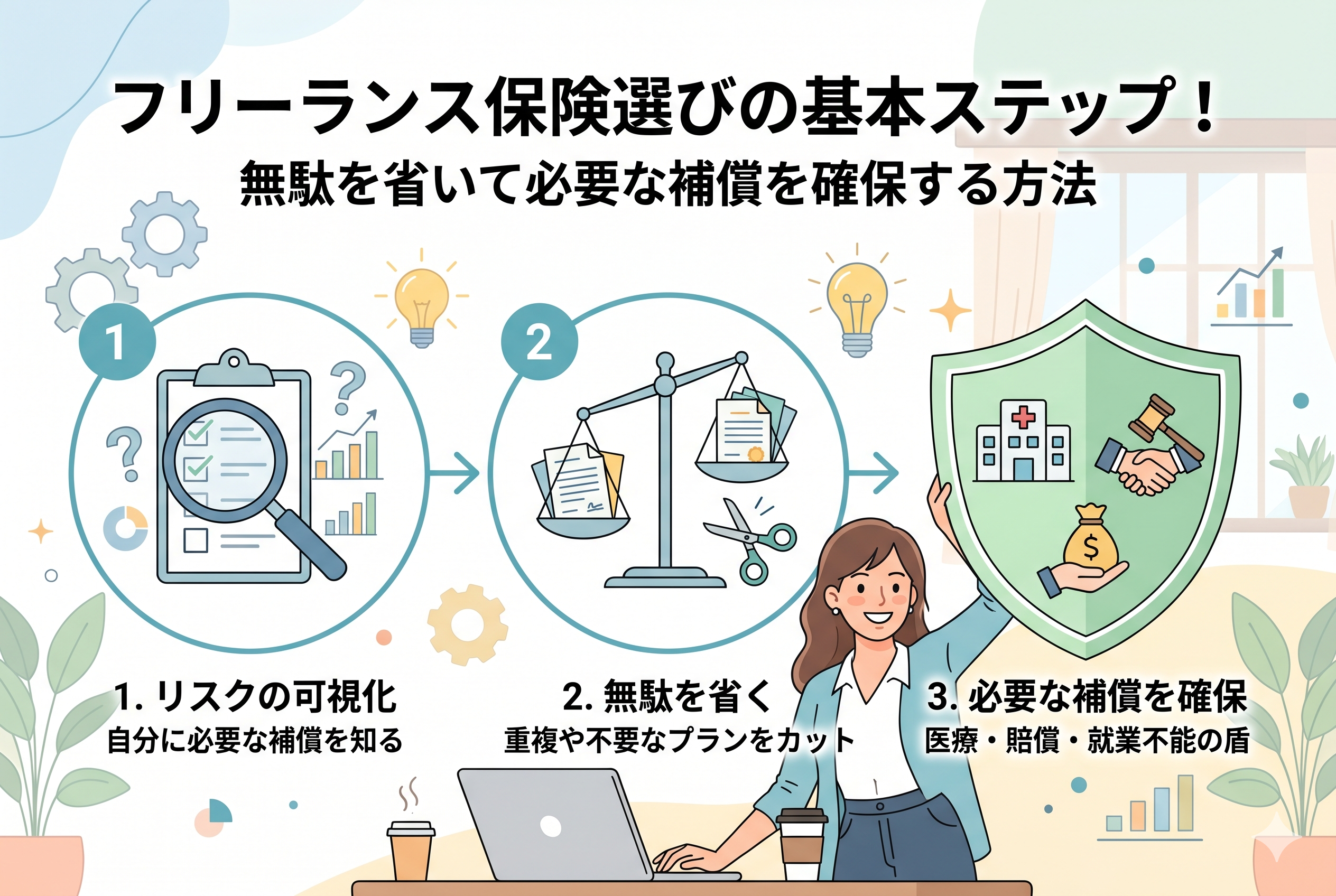 フリーランスが保険選びで失敗しないための3ステップを解説したインフォグラフィック。1.リスクの可視化、2.無駄を省く、3.必要な補償を確保、という流れが左から右への矢印で表現されています。右側には女性が「医療・賠償・就業不能」のアイコンが描かれた大きな盾を持ち、自分自身を守っている様子が描かれています。