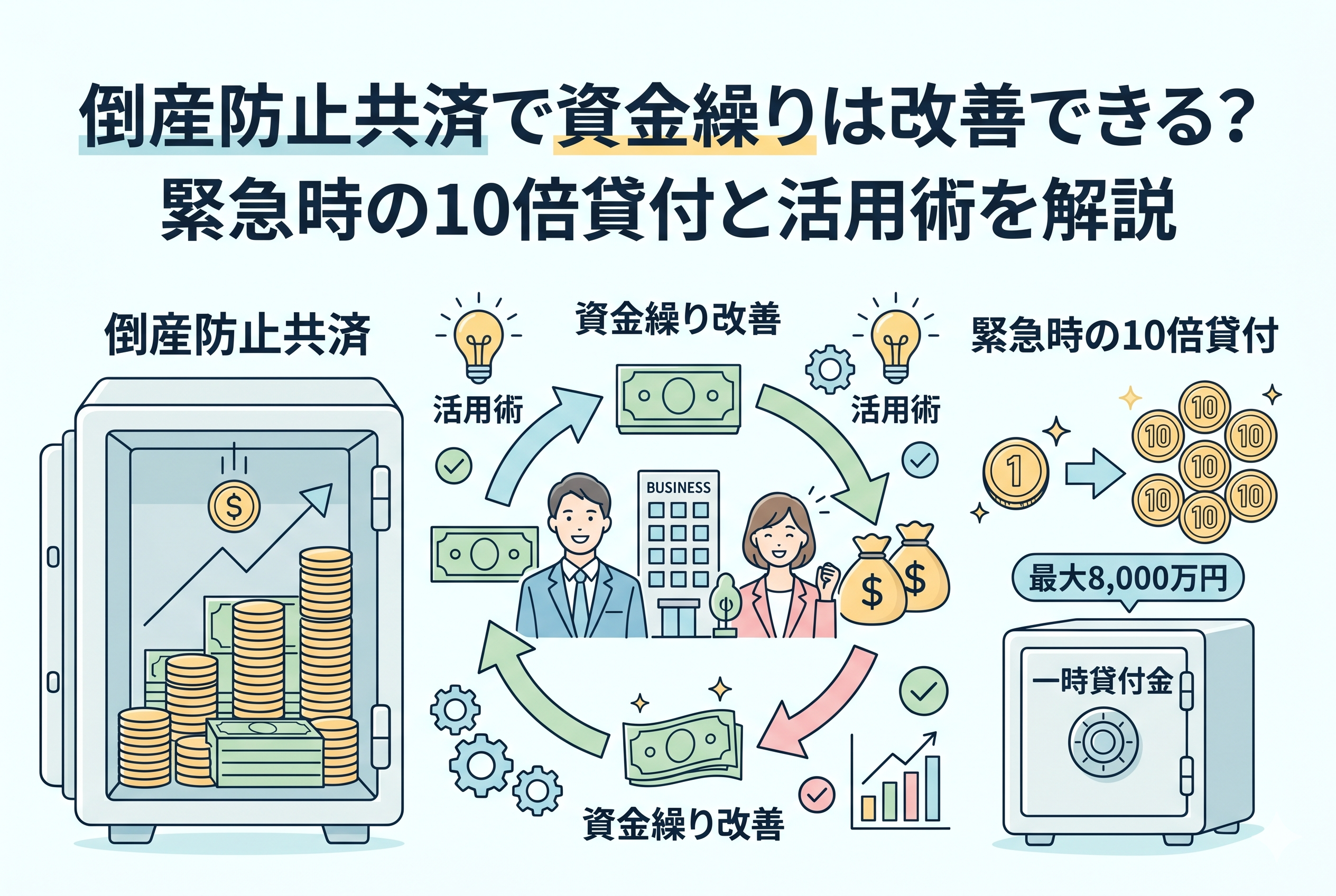 倒産防止共済を活用した資金繰り改善の解説図。「緊急時の10倍貸付と活用術を解説」というタイトルの下、左に掛金を積み立てる金庫、中央にビジネスパーソンとビルを中心に活用術とお金が循環する図、右に1枚のコインが10枚(最大8,000万円)に増える仕組み、一時貸付金、上昇グラフが描かれています。