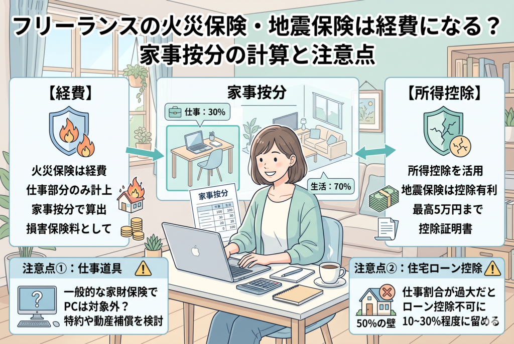 「フリーランスの火災保険・地震保険は経費になる？家事按分の計算と注意点」というタイトルが入ったインフォグラフィック。中央に自宅で働く女性のイラスト、左側に火災保険を経費にする家事按分の仕組み、右側に地震保険を所得控除として活用するメリットを図解。下部には仕事用PCの補償範囲や、住宅ローン控除を維持するための事業割合（50％の壁）に関する注意点を掲載している。