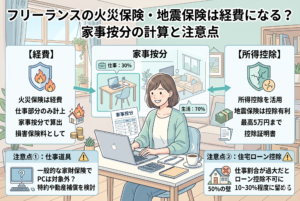 「フリーランスの火災保険・地震保険は経費になる？家事按分の計算と注意点」というタイトルが入ったインフォグラフィック。中央に自宅で働く女性のイラスト、左側に火災保険を経費にする家事按分の仕組み、右側に地震保険を所得控除として活用するメリットを図解。下部には仕事用PCの補償範囲や、住宅ローン控除を維持するための事業割合（50％の壁）に関する注意点を掲載している。