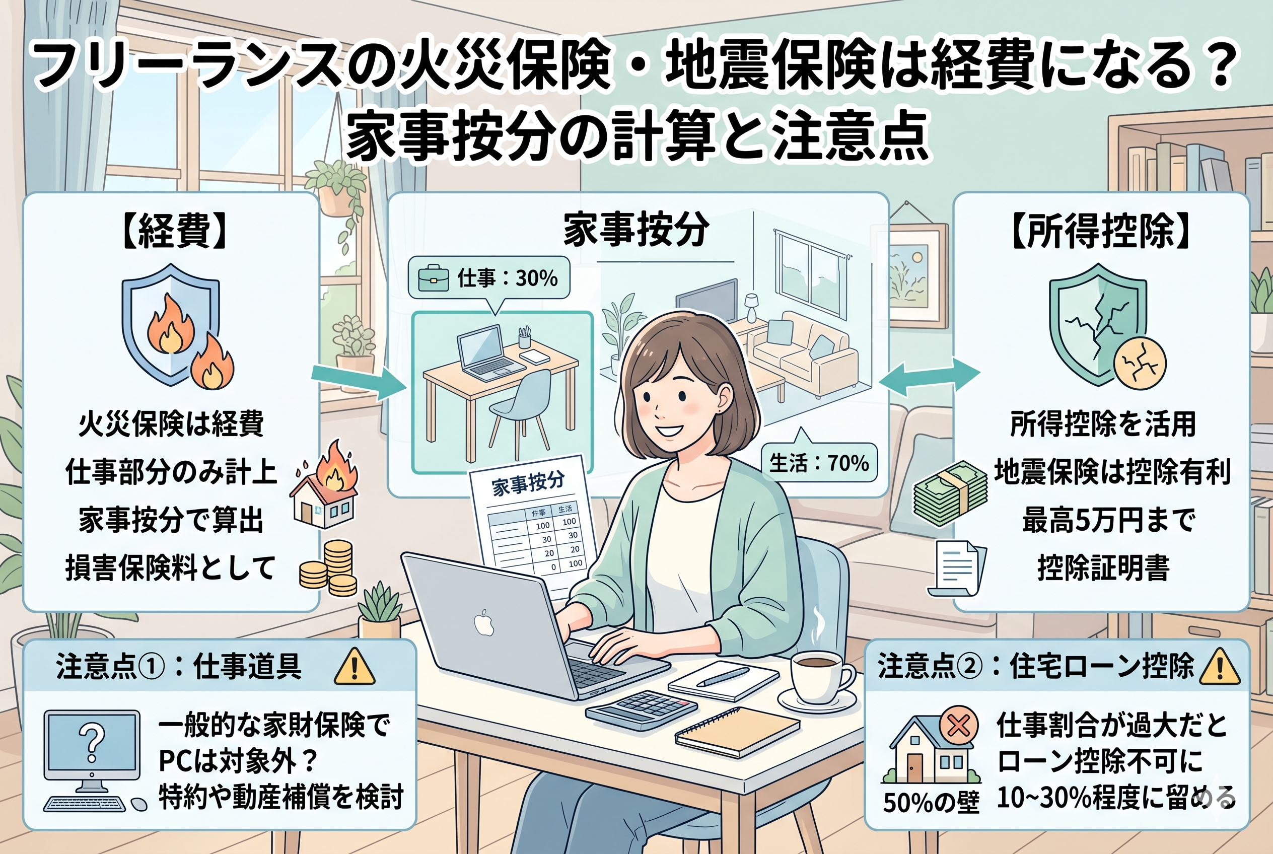 「フリーランスの火災保険・地震保険は経費になる?家事按分の計算と注意点」というタイトルが入ったインフォグラフィック。中央に自宅で働く女性のイラスト、左側に火災保険を経費にする家事按分の仕組み、右側に地震保険を所得控除として活用するメリットを図解。下部には仕事用PCの補償範囲や、住宅ローン控除を維持するための事業割合(50%の壁)に関する注意点を掲載している。