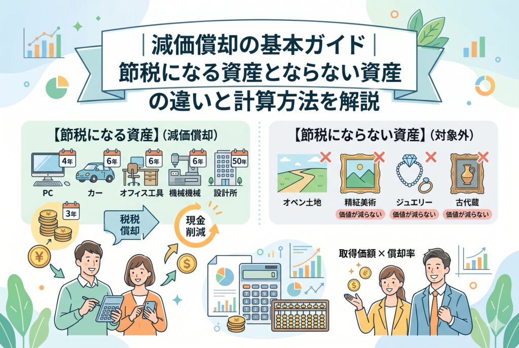 減価償却の基本を解説するアイキャッチ画像。上部にタイトル「減価償却の基本ガイド｜節税になる資産とならない資産の違いと計算方法を解説」が配置されている。画面中央は左右に分かれ、左側は「節税になる資産」としてPC、自動車、オフィス家具などが耐用年数とともに描かれ、右側は「節税にならない資産」として土地、美術品、ジュエリーなどの例がバツ印とともに描かれている。下部には「取得価額×償却率」という計算式と、電卓やグラフ、そろばん、そして計算を行うビジネスパーソンのイラストが明るいパステルカラーで描かれている。