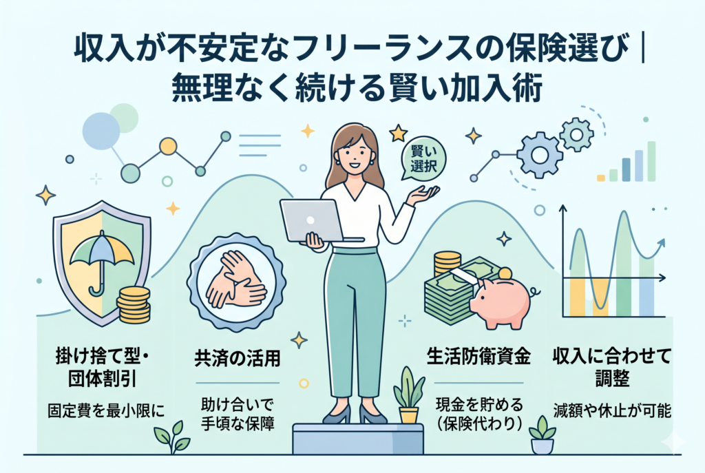 収入の変動を表す波状のグラフを背景に、フリーランスの女性が効率的な保険選びのコツを紹介するインフォグラフィック。固定費を最小限にする「掛け捨て型・団体割引」、手頃な「共済の活用」、保険代わりとなる「生活防衛資金」の蓄積、そして収入に応じて「減額や休止」ができる柔軟なプラン選びという4つのポイントをアイコンと文字で分かりやすく解説しています。
