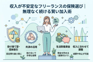 収入の変動を表す波状のグラフを背景に、フリーランスの女性が効率的な保険選びのコツを紹介するインフォグラフィック。固定費を最小限にする「掛け捨て型・団体割引」、手頃な「共済の活用」、保険代わりとなる「生活防衛資金」の蓄積、そして収入に応じて「減額や休止」ができる柔軟なプラン選びという4つのポイントをアイコンと文字で分かりやすく解説しています。