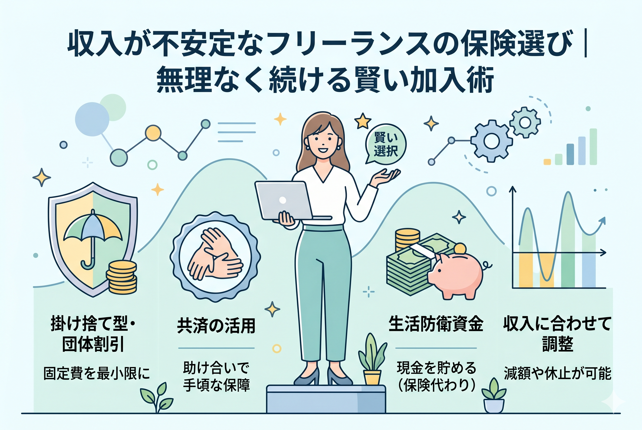 収入の変動を表す波状のグラフを背景に、フリーランスの女性が効率的な保険選びのコツを紹介するインフォグラフィック。固定費を最小限にする「掛け捨て型・団体割引」、手頃な「共済の活用」、保険代わりとなる「生活防衛資金」の蓄積、そして収入に応じて「減額や休止」ができる柔軟なプラン選びという4つのポイントをアイコンと文字で分かりやすく解説しています。