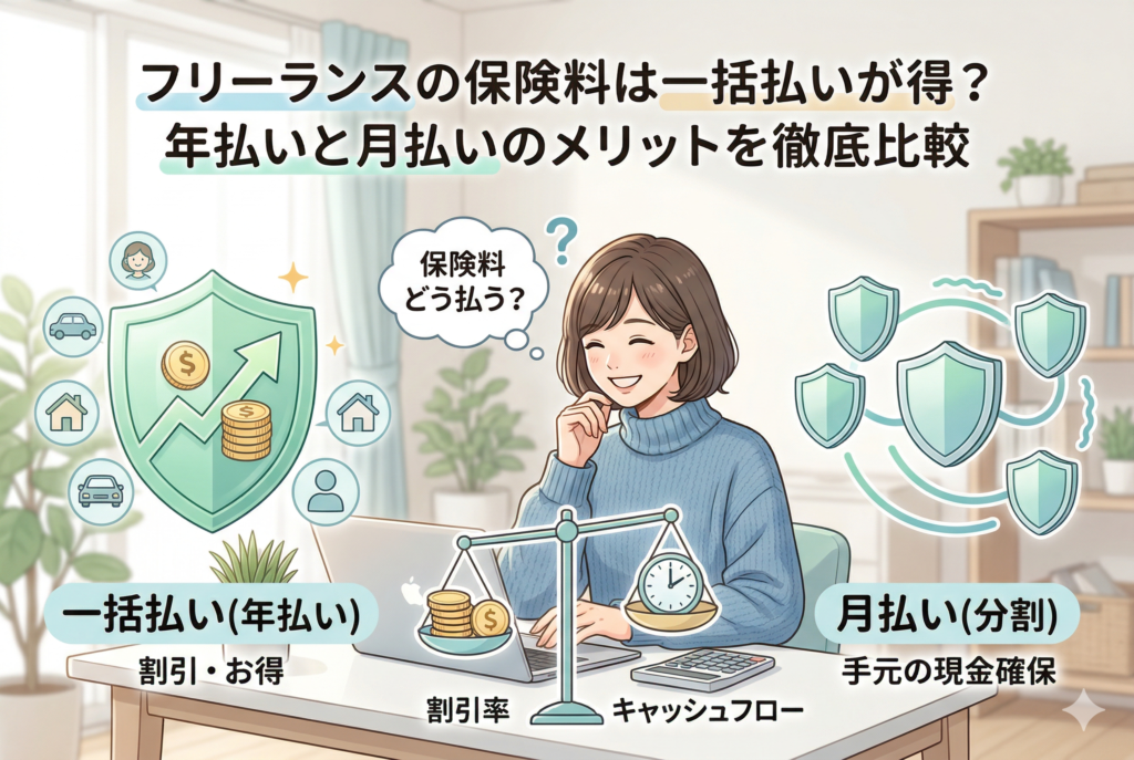デスクでノートパソコンを前に、「保険料どう払う？」と悩む女性フリーランスのイラスト。画像内には「フリーランスの保険料は一括払いが得？年払いと月払いのメリットを徹底比較」というタイトルがあり、一括払いの「割引・お得」と、月払いの「手元の現金確保」を天秤（割引率とキャッシュフロー）で比較している構図。