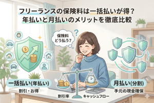 デスクでノートパソコンを前に、「保険料どう払う？」と悩む女性フリーランスのイラスト。画像内には「フリーランスの保険料は一括払いが得？年払いと月払いのメリットを徹底比較」というタイトルがあり、一括払いの「割引・お得」と、月払いの「手元の現金確保」を天秤（割引率とキャッシュフロー）で比較している構図。