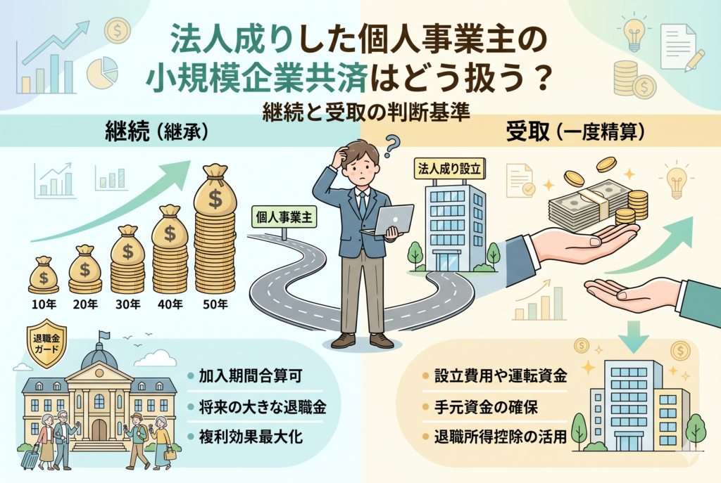 インフォグラフィック形式のアイキャッチ画像。中央に「法人成りした個人事業主の小規模企業共済はどう扱う?」というタイトル。左側には「継続(継承)」と書かれ、コイン袋が10年から50年まで増えるグラフ、老人夫婦、建物、「加入期間合算可」「将来の大きな退職金」「複利効果最大化」というメリットが描かれている。右側には「受取(一度精算)」と書かれ、札束を受け取る手、法人オフィスビル、「設立費用や運転資金」「手元資金の確保」「退職所得控除の活用」というメリットが描かれている。悩む男性が中央の道に立っている。