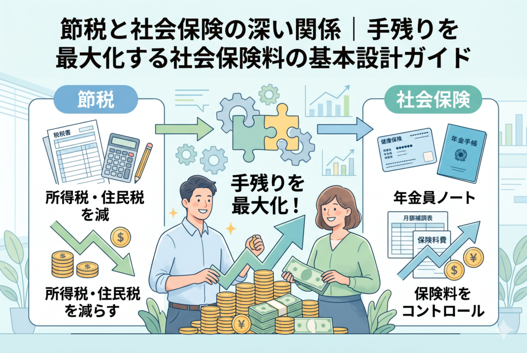「節税」と「社会保険」をパズルのように組み合わせて手残りを最大化する仕組みを解説したインフォグラフィック。左側に所得税・住民税を減らすプロセス、右側に社会保険料をコントロールする要素、中央にそれらを統合してキャッシュを最大化させる経営者の姿が描かれています。税金と社会保険料の相関関係を視覚的に整理した、清潔感のある精緻なデザインです。