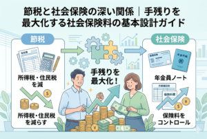 「節税」と「社会保険」をパズルのように組み合わせて手残りを最大化する仕組みを解説したインフォグラフィック。左側に所得税・住民税を減らすプロセス、右側に社会保険料をコントロールする要素、中央にそれらを統合してキャッシュを最大化させる経営者の姿が描かれています。税金と社会保険料の相関関係を視覚的に整理した、清潔感のある精緻なデザインです。
