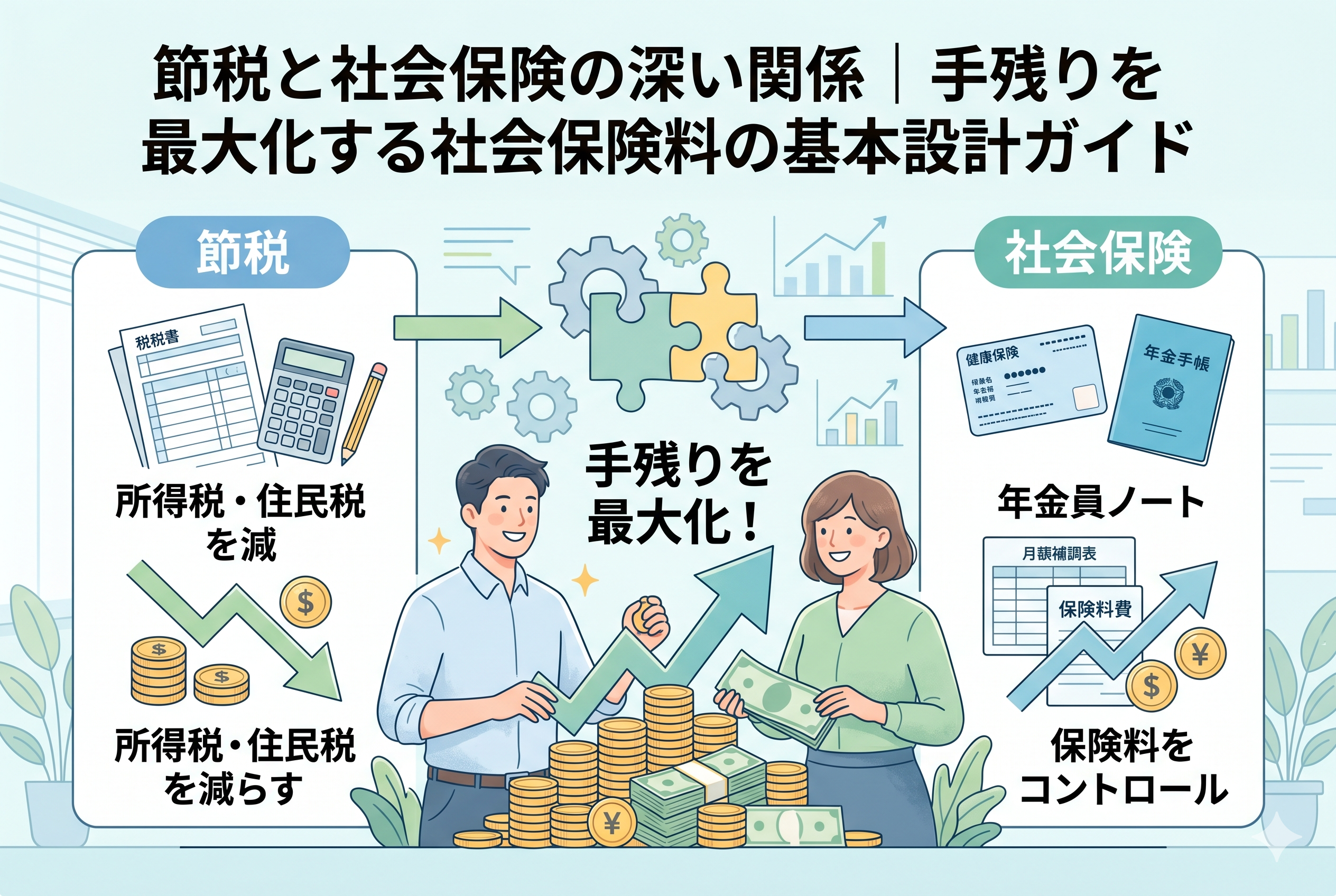 「節税」と「社会保険」をパズルのように組み合わせて手残りを最大化する仕組みを解説したインフォグラフィック。左側に所得税・住民税を減らすプロセス、右側に社会保険料をコントロールする要素、中央にそれらを統合してキャッシュを最大化させる経営者の姿が描かれています。税金と社会保険料の相関関係を視覚的に整理した、清潔感のある精緻なデザインです。