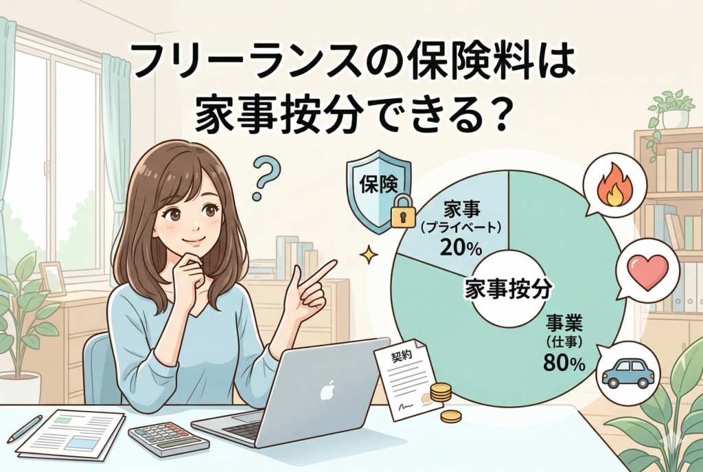 フリーランスの女性がデスクで保険料の家事按分について考えているイラスト。画像上部に「フリーランスの保険料は家事按分できる?」のタイトルがあり、家事(プライベート)20%、事業(仕事)80%を示す円グラフと、火災保険、生命保険、自動車保険などのアイコンが描かれている。