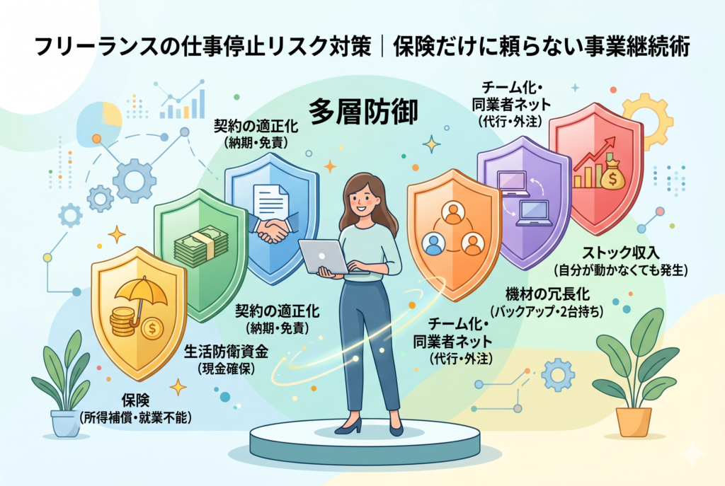 フリーランスの女性を囲むように、「保険(所得補償・就業不能)」「生活防衛資金(現金確保)」「契約の適正化(納期・免責)」「チーム化・同業者ネット(代行・外注)」「機材の冗長化(バックアップ・2台持ち)」「ストック収入(自分が動かなくても発生)」の6つの盾が重なり、仕事停止リスクを防ぐ「多層防御」の仕組みを表現したインフォグラフィックイラスト。
