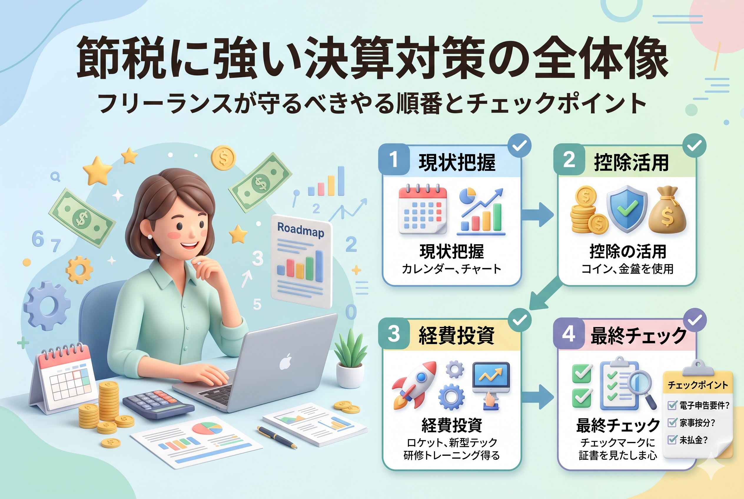 「節税に強い決算対策の全体像|フリーランスが守るべきやる順番とチェックポイント」という記事タイトルが入ったアイキャッチ画像。パソコンで作業する女性の横に、1.現状把握(カレンダーとグラフ)、2.控除活用(金貨とシールド)、3.経費投資(ロケット)、4.最終チェック(チェックリスト)という4つのステップがロードマップ形式で描かれた、清潔感のある3Dイラストです。
