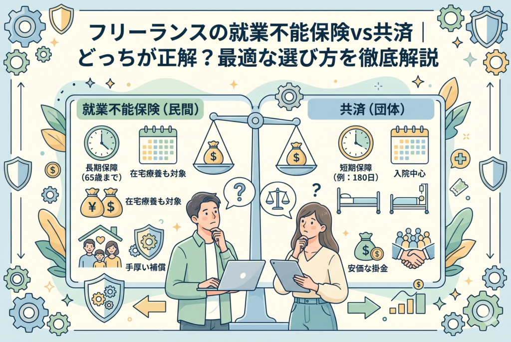 フリーランス向けの「就業不能保険（民間）」と「共済（団体）」の違いを比較したインフォグラフィック。中央には悩む男女のフリーランスが描かれ、天秤を使って「長期保障・在宅療養も対象・手厚い補償」の民間保険と、「短期保障・入院中心・安価な掛金」の共済の特徴を対比させている図解イラスト。アクセシビリティを考慮し、それぞれの保障期間や対象範囲の違いを視覚的に整理したデザイン。