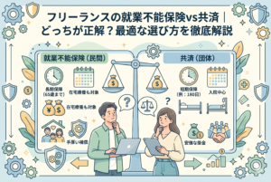 フリーランス向けの「就業不能保険（民間）」と「共済（団体）」の違いを比較したインフォグラフィック。中央には悩む男女のフリーランスが描かれ、天秤を使って「長期保障・在宅療養も対象・手厚い補償」の民間保険と、「短期保障・入院中心・安価な掛金」の共済の特徴を対比させている図解イラスト。アクセシビリティを考慮し、それぞれの保障期間や対象範囲の違いを視覚的に整理したデザイン。