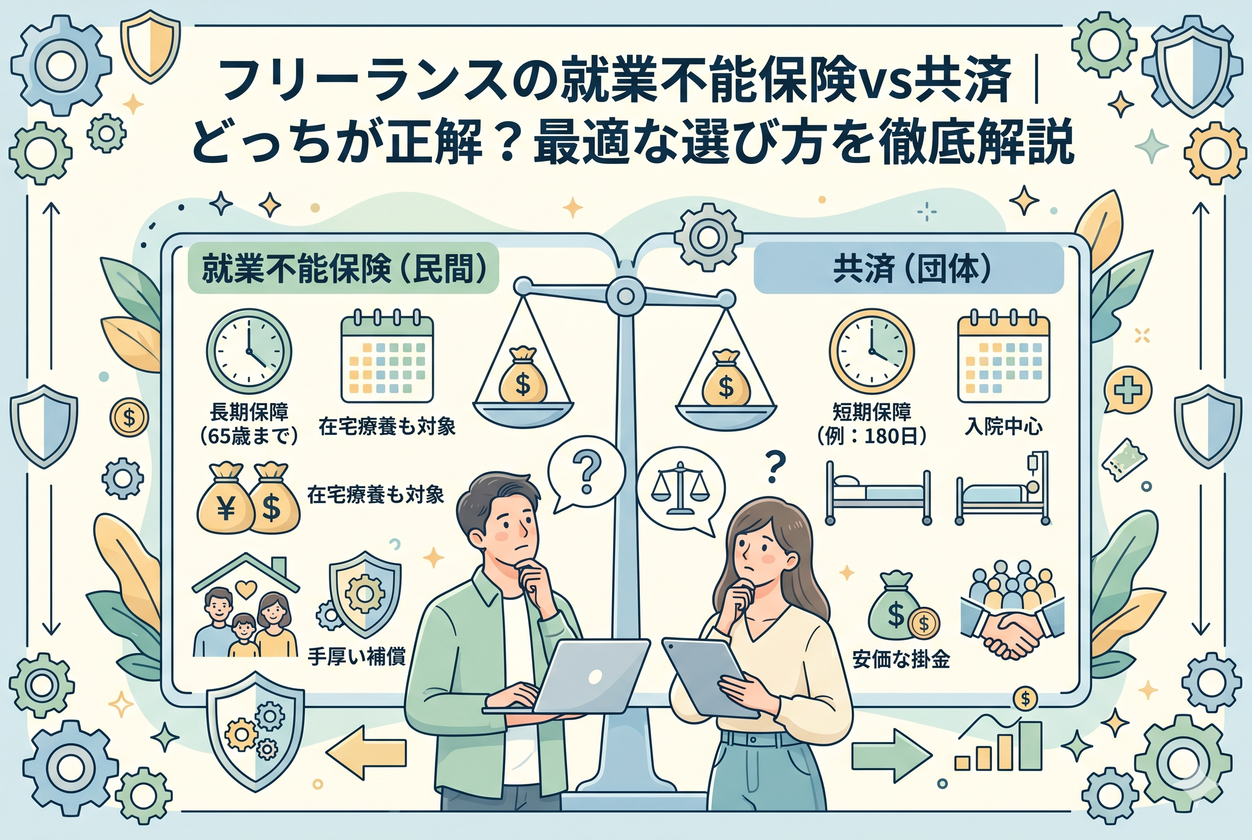 フリーランス向けの「就業不能保険(民間)」と「共済(団体)」の違いを比較したインフォグラフィック。中央には悩む男女のフリーランスが描かれ、天秤を使って「長期保障・在宅療養も対象・手厚い補償」の民間保険と、「短期保障・入院中心・安価な掛金」の共済の特徴を対比させている図解イラスト。アクセシビリティを考慮し、それぞれの保障期間や対象範囲の違いを視覚的に整理したデザイン。
