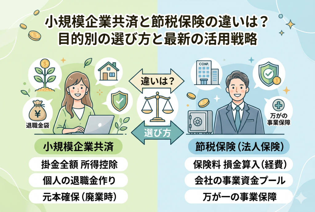 小規模企業共済と節税保険の違いを比較するインフォグラフィック形式のアイキャッチ。左側には所得控除や個人の退職金作りといった小規模企業共済のメリット、右側には損金算入や事業保障といった節税保険(法人保険)のメリットが対比で描かれ、中央の天秤が目的別の選び方を表現しています。