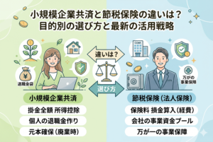 小規模企業共済と節税保険の違いを比較するインフォグラフィック形式のアイキャッチ。左側には所得控除や個人の退職金作りといった小規模企業共済のメリット、右側には損金算入や事業保障といった節税保険（法人保険）のメリットが対比で描かれ、中央の天秤が目的別の選び方を表現しています。