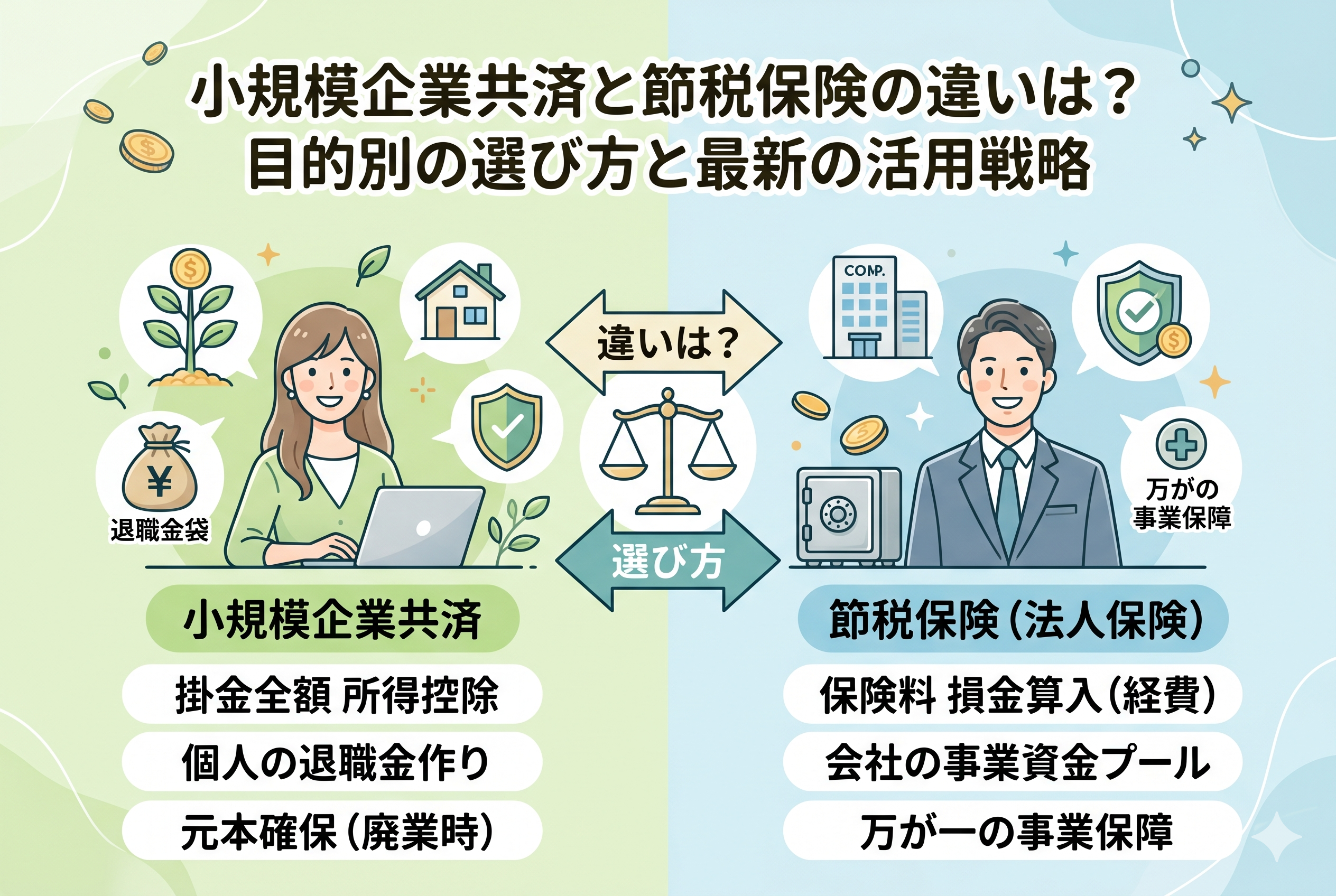 小規模企業共済と節税保険の違いを比較するインフォグラフィック形式のアイキャッチ。左側には所得控除や個人の退職金作りといった小規模企業共済のメリット、右側には損金算入や事業保障といった節税保険(法人保険)のメリットが対比で描かれ、中央の天秤が目的別の選び方を表現しています。