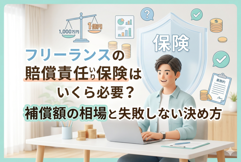 3Dアニメ調のフリーランス男性がデスクでノートパソコンを前に笑顔を見せるアイキャッチ画像。彼の背後には『保険』と書かれた盾と、天秤（1,000万円と1億円の比較）、棒グラフ、コインなどのアイコンが浮かんでいる。画像上部には『フリーランスの賠償責任保険はいくら必要？補償額の相場と失敗しない決め方』という日本語テキストが配置されている。